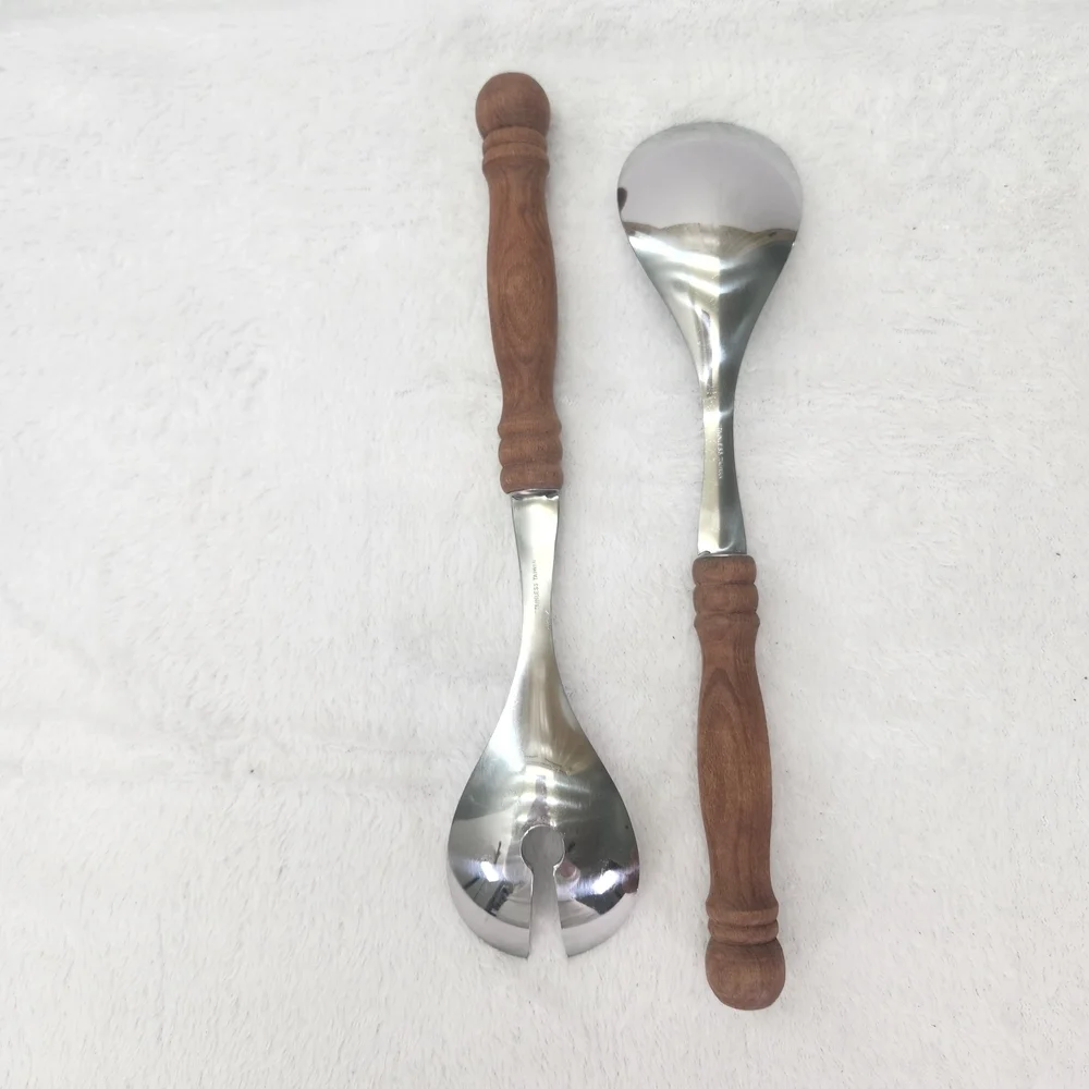 Vintage Wooden Handle Stainless Steel Salad Server Set 11